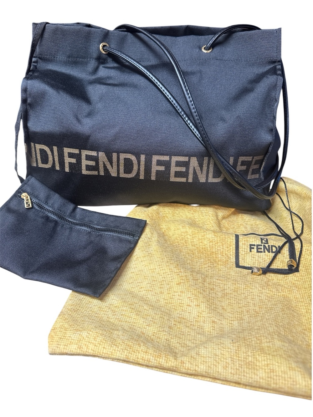 FENDI Logo Tote Shoulder Bag Black Nylon with Attached Pouch + Dust Bag